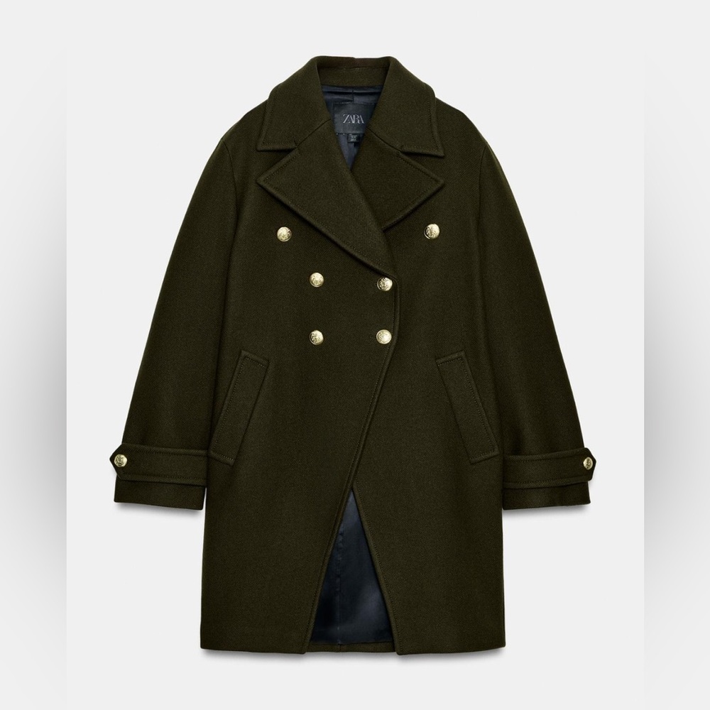 Zara New Wool Asymmetric Size M Coat with Manteco Buttons Italian Fabric Khaki